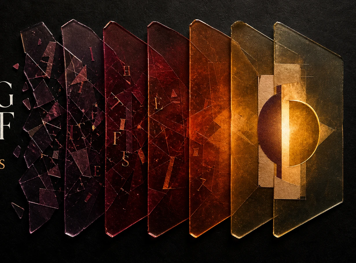 Becoming the Self artwork: six fractured glass layers resolving around a luminous center